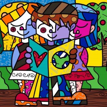 Imagem: Romero Britto, Crianças Lendo, Poster, 24x30, com moldura e vidro.